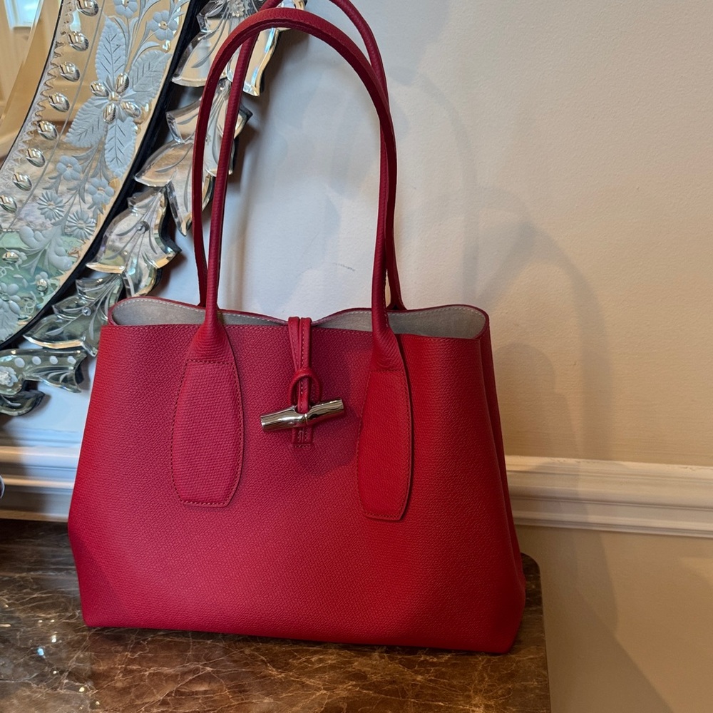 Longchamp Red Leather Tote with Toggle Closure